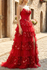 Red A-Line Empire Lace And Tulle Tiered Party Prom Dress