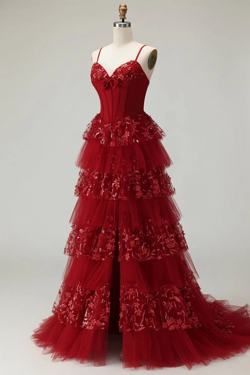 Red A-Line Empire Lace And Tulle Tiered Party Prom Dress