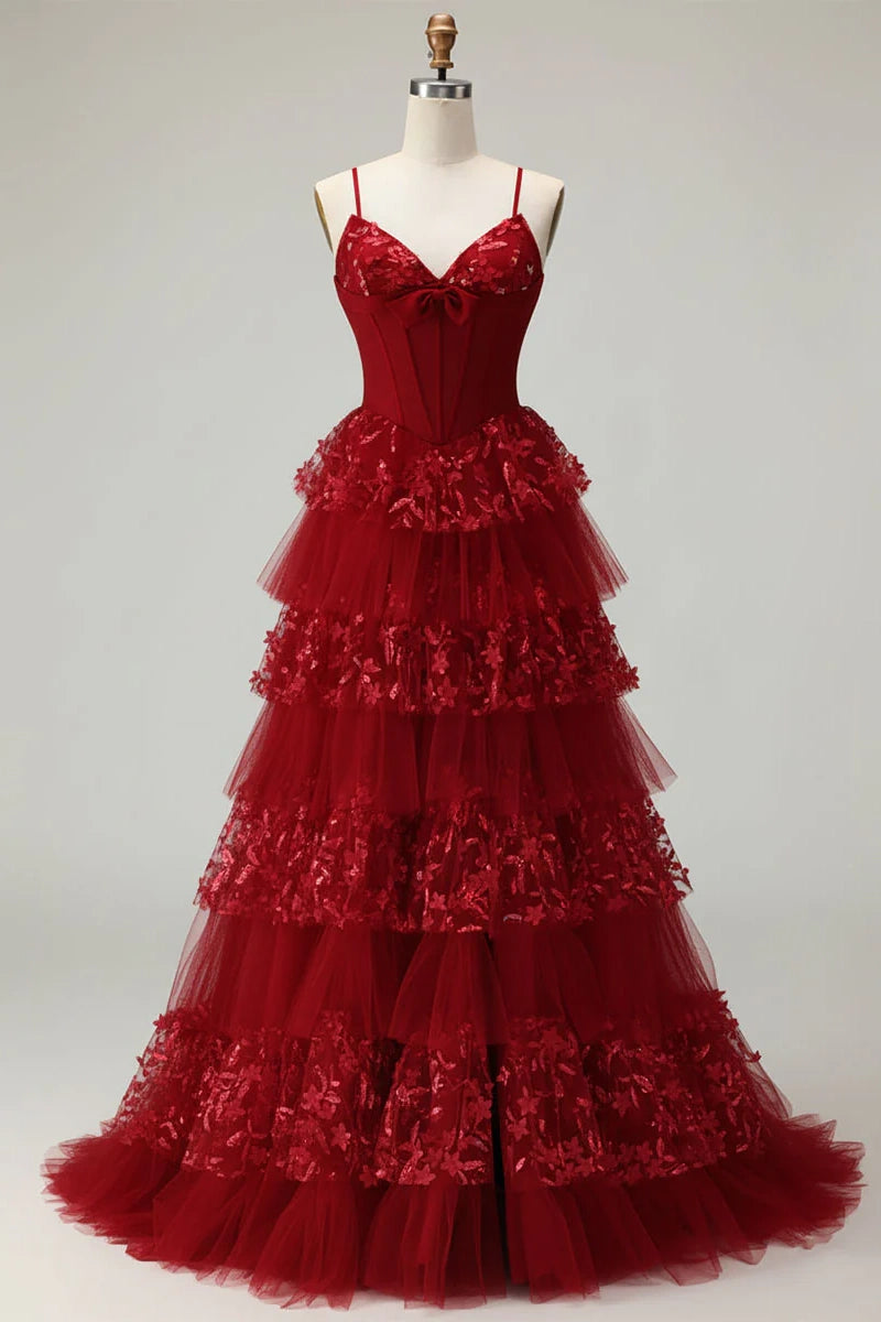 Red A-Line Empire Lace And Tulle Tiered Party Prom Dress