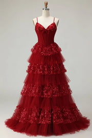 Red A-Line Empire Lace And Tulle Tiered Party Prom Dress