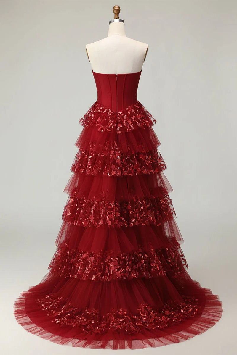 Red A-Line Empire Lace And Tulle Tiered Party Prom Dress