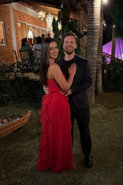 Red A-Line Sweetheart Strapless Ruffle Long Party Prom Dress 