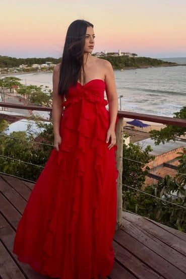 Red A-Line Sweetheart Strapless Ruffle Long Party Prom Dress 