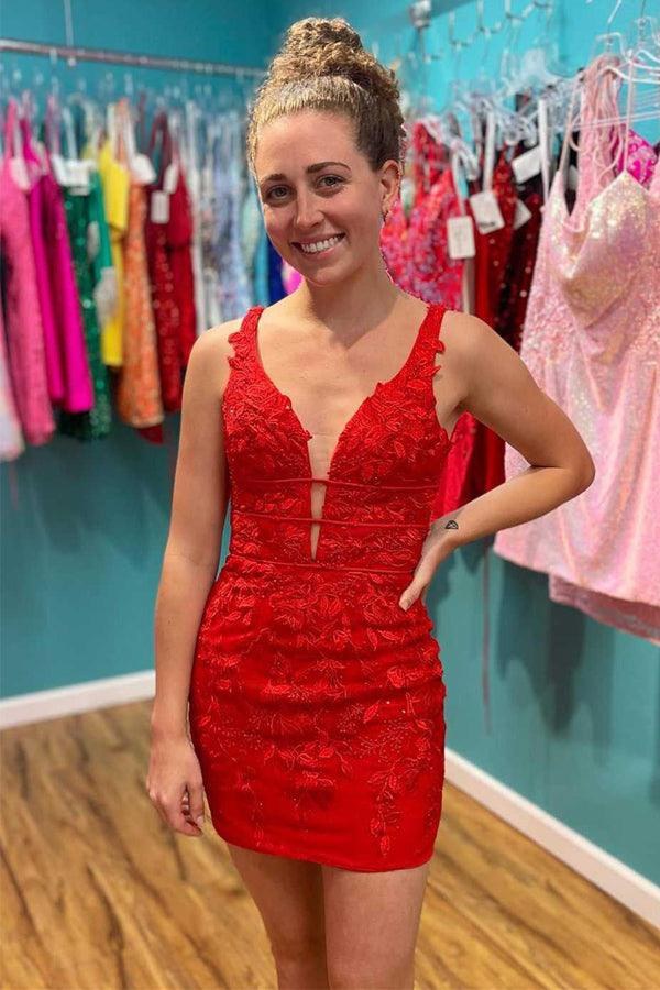 Red Appliques Plunge V Neckline Lace Up Homecoming Dress