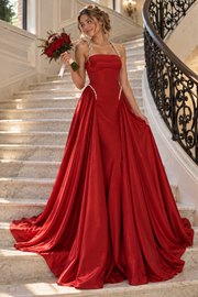 Red Beaded Halter Open Back Satin A-Line Formal Party Prom Dress