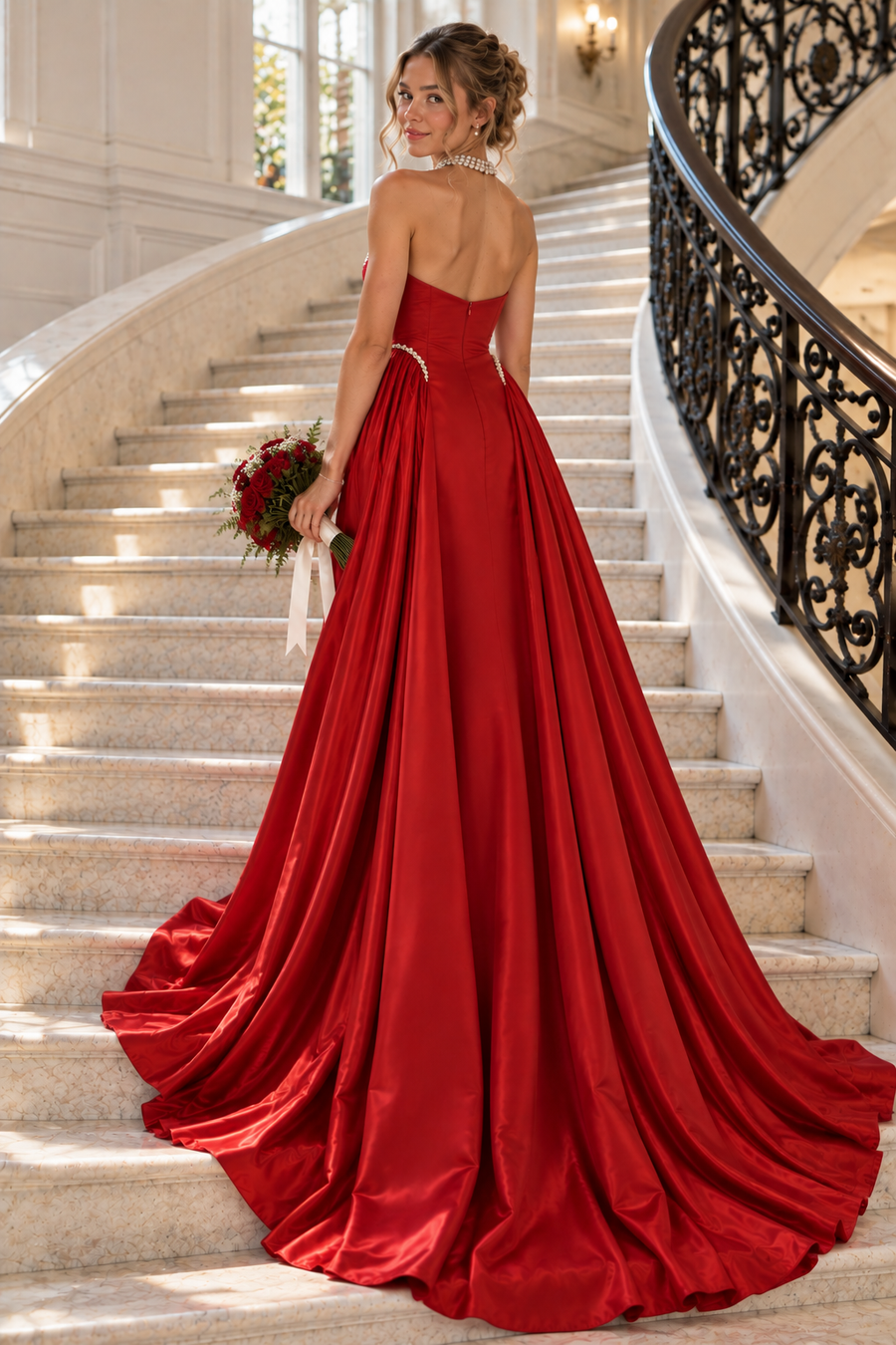 Red Beaded Halter Open Back Satin A-Line Formal Party Prom Dress