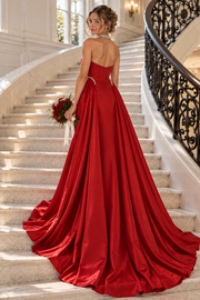Red Beaded Halter Open Back Satin A-Line Formal Party Prom Dress