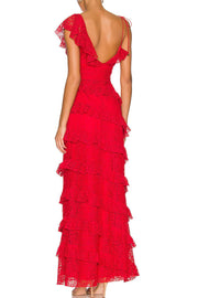 Red Fitted V-Neck Sleeveless Tiered Lace Party Dress