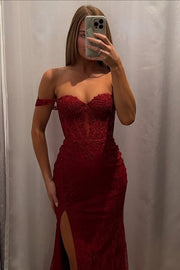 Red Lace Appliques Sweetheart Off-Shoulder Mermaid Party Prom Dress