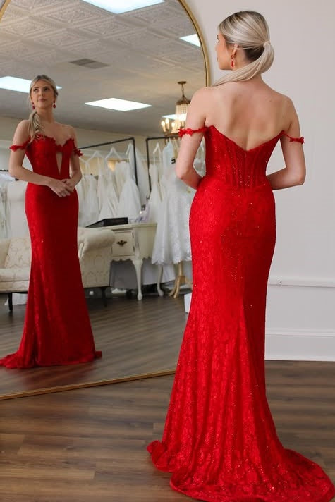 Red Lace Mermaid Off-Shoulder Long Party Prom Dress