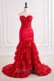 Red Lace Mermaid Sweetheart Strapless Formal Prom Dress