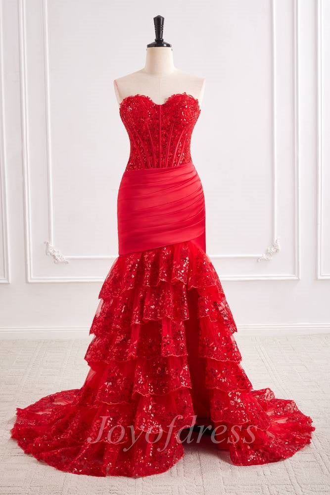 Red Lace Mermaid Sweetheart Strapless Formal Prom Dress