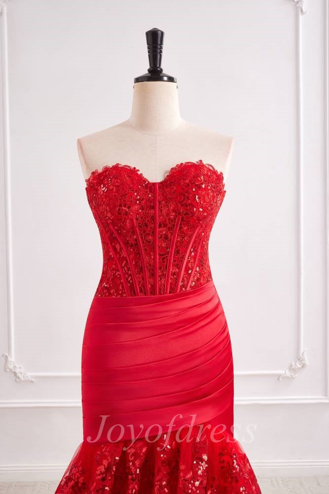 Red Lace Mermaid Sweetheart Strapless Formal Prom Dress