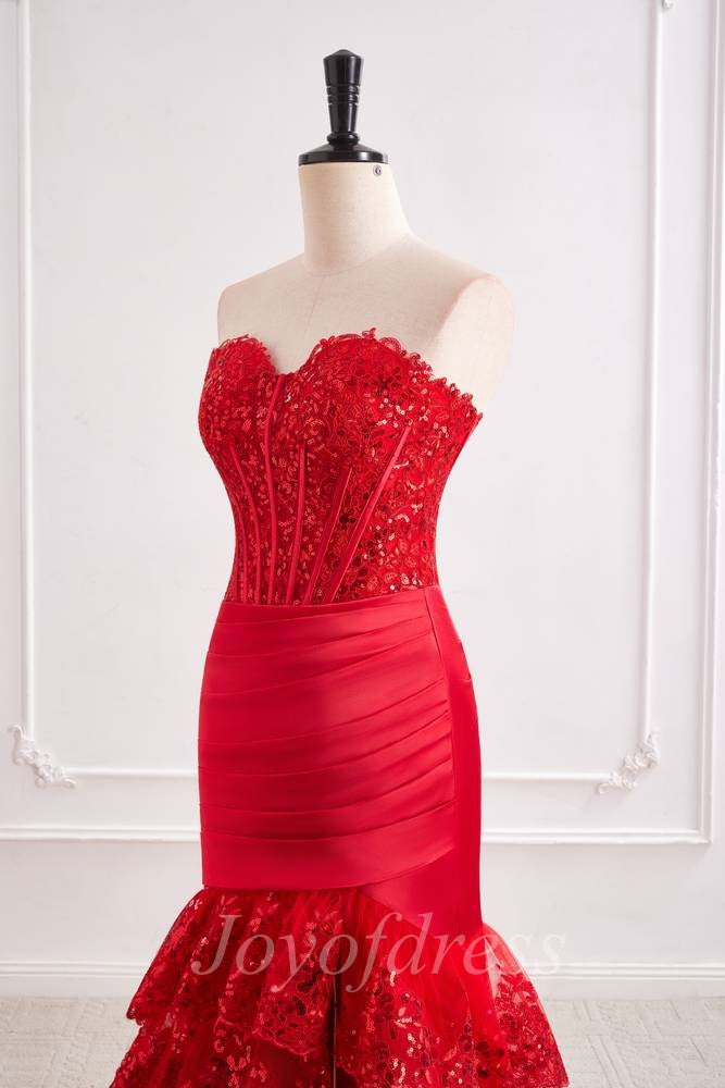 Red Lace Mermaid Sweetheart Strapless Formal Prom Dress