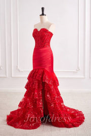Red Lace Mermaid Sweetheart Strapless Formal Prom Dress