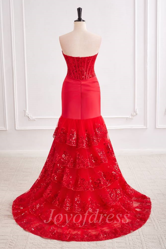 Red Lace Mermaid Sweetheart Strapless Formal Prom Dress