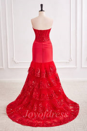 Red Lace Mermaid Sweetheart Strapless Formal Prom Dress