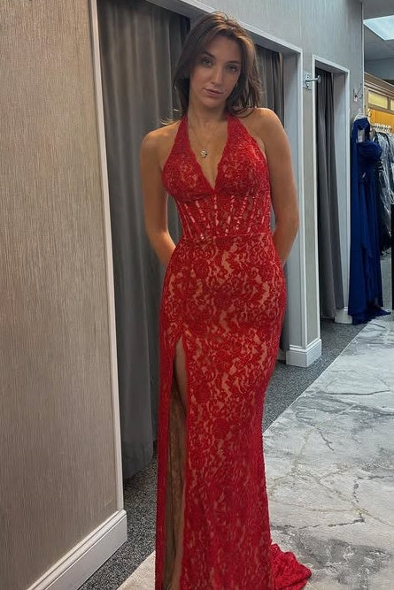 Red Lace Mermaid V-Neck Backless Party Prom Dress With Slit