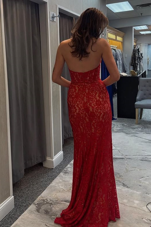 Red Lace Mermaid V-Neck Backless Party Prom Dress With Slit