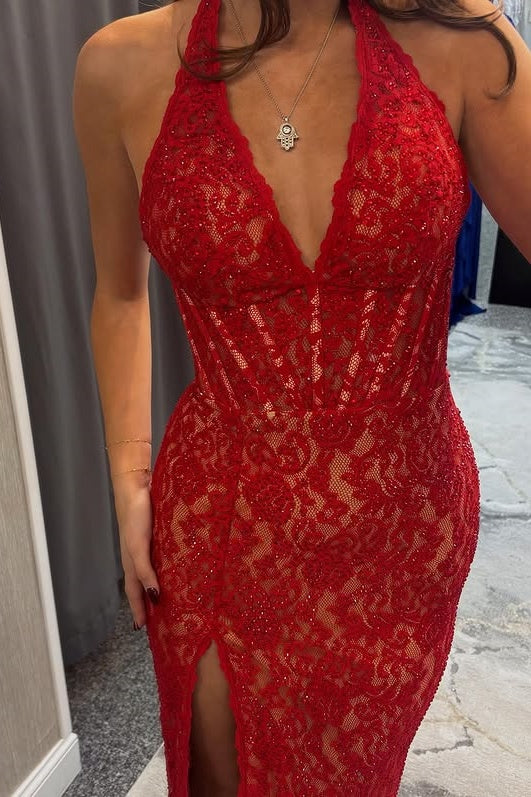 Red Lace Mermaid V-Neck Backless Party Prom Dress With Slit