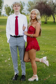 Red Lace Sweetheart Strapless Ruffle Mini Party Homecoming Dress