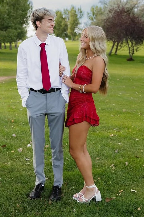 Red Lace Sweetheart Strapless Ruffle Mini Party Homecoming Dress