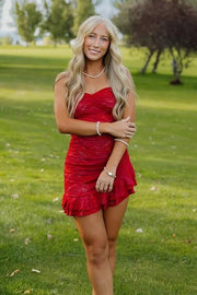 Red Lace Sweetheart Strapless Ruffle Mini Party Homecoming Dress