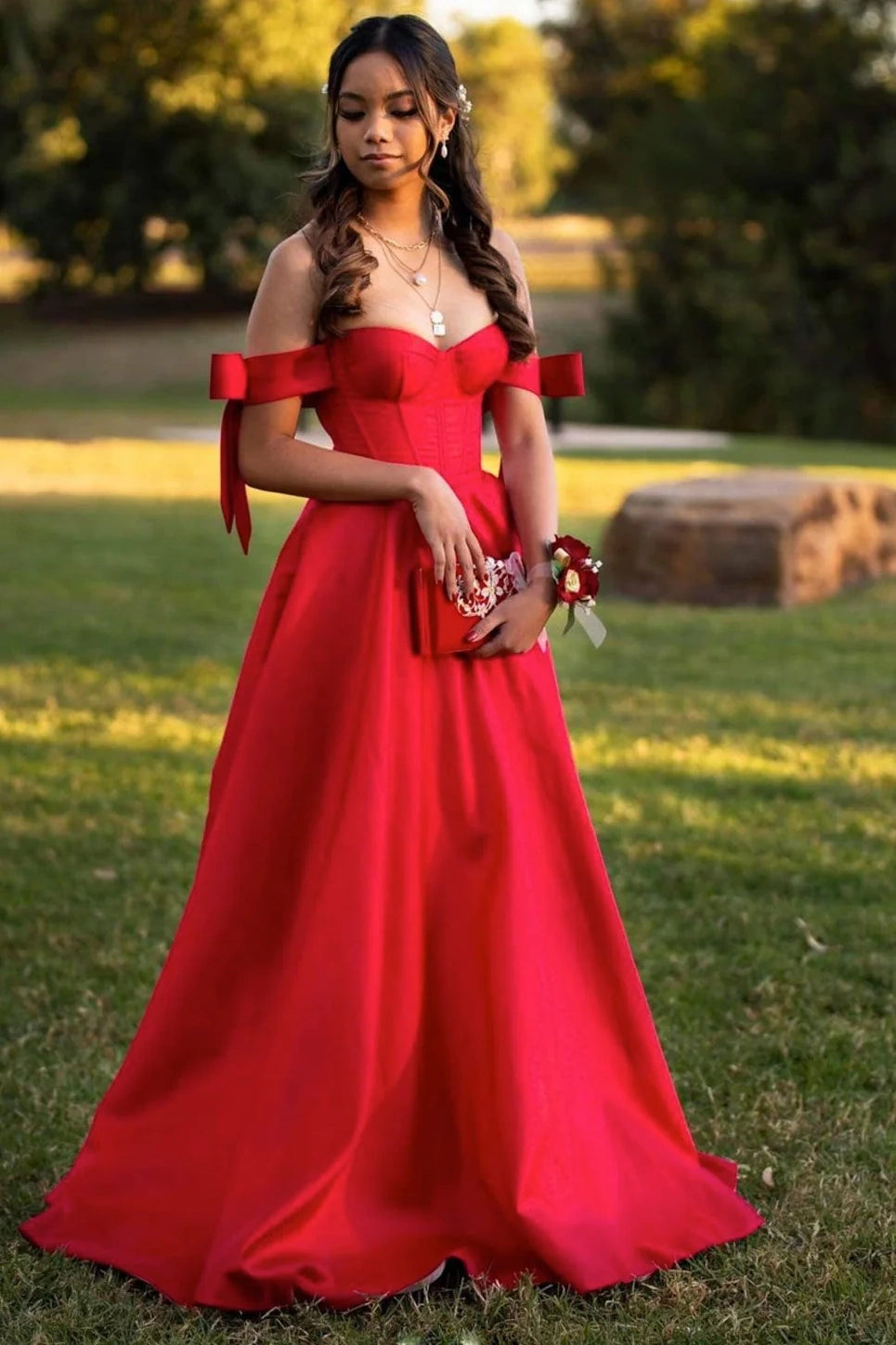 Red Off-Shoulder Empire A-Line Party Prom Dress