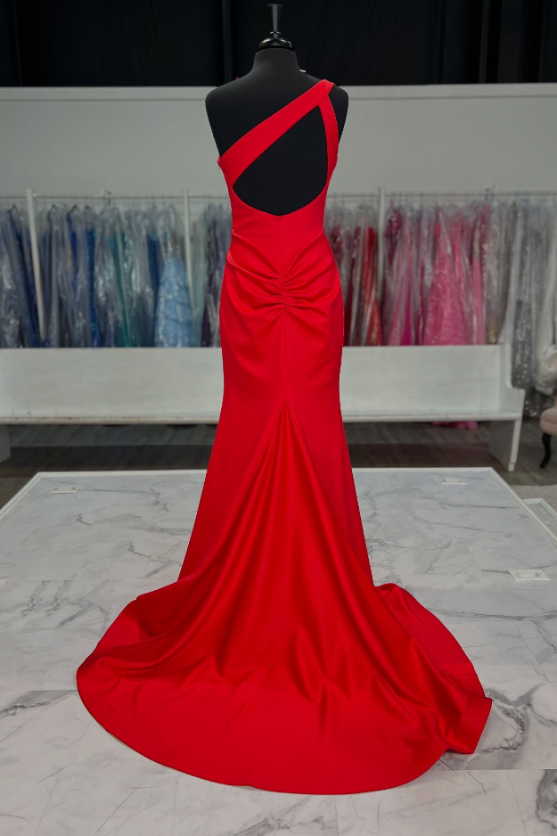 Red One Shoulder Sleeveless Beaded Prom Party Dress