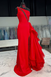 Red One Shoulder Sleeveless Beaded Prom Party Dress