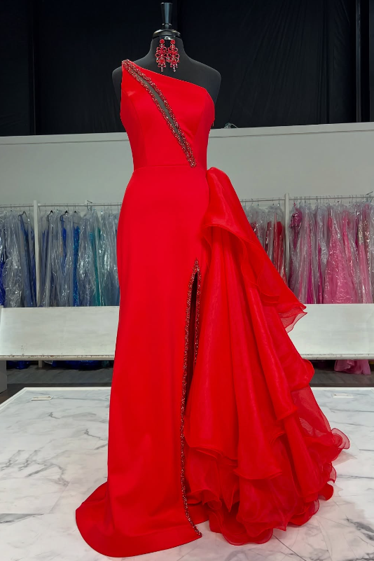 Red One Shoulder Sleeveless Beaded Prom Party Dress