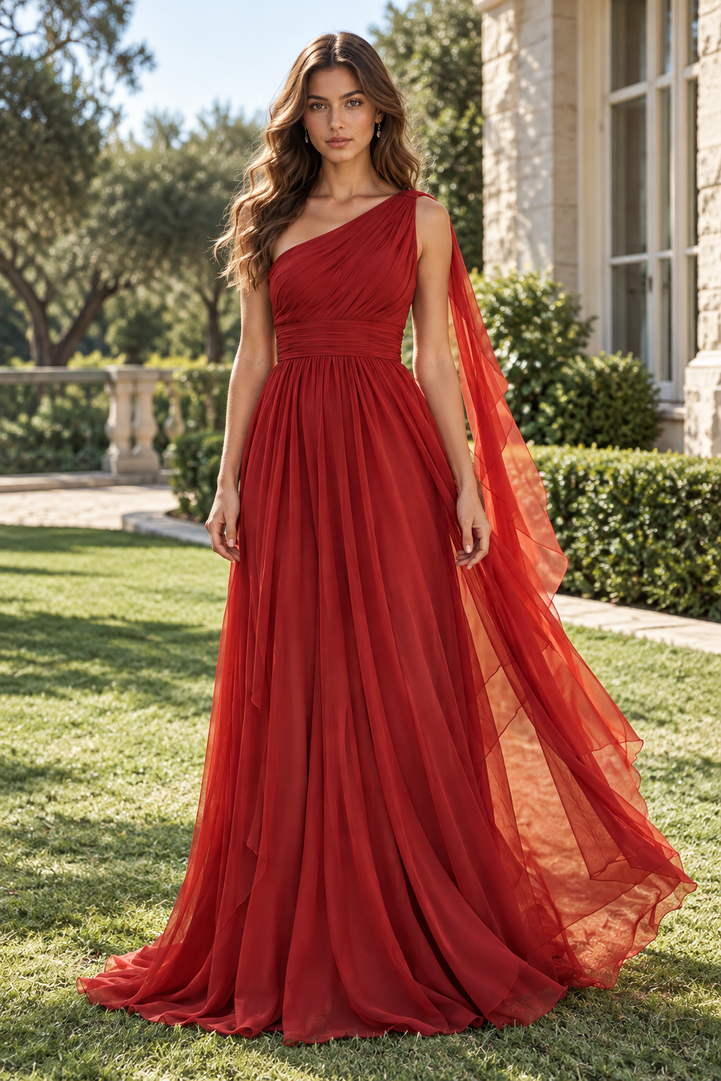 Red One Shoulder Sleeveless Chiffon A-Line Empire Party Prom Dress
