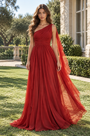 Red One Shoulder Sleeveless Chiffon A-Line Empire Party Prom Dress