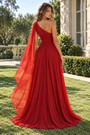 Red One Shoulder Sleeveless Chiffon A-Line Empire Party Prom Dress