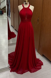Red Round Sleeveless Beaded Empire Chiffon Party Prom Dress