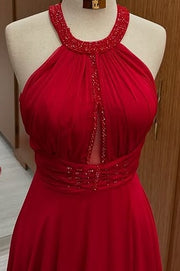 Red Round Sleeveless Beaded Empire Chiffon Party Prom Dress