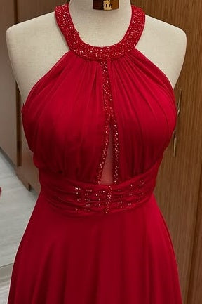 Red Round Sleeveless Beaded Empire Chiffon Party Prom Dress
