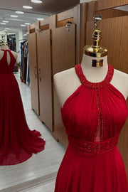 Red Round Sleeveless Beaded Empire Chiffon Party Prom Dress