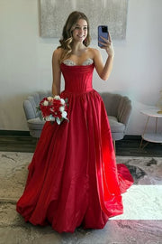 Red Satin A-Line Beaded Strapless Long Prom Dress With Pockets