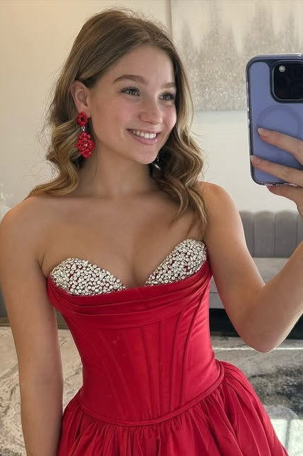 Red Satin A-Line Beaded Strapless Long Prom Dress With Pockets