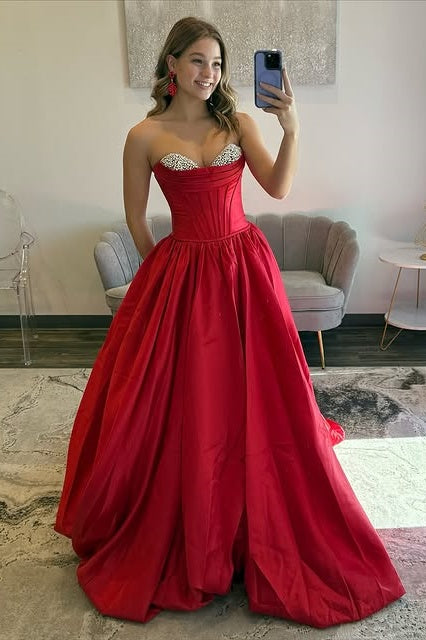 Red Satin A-Line Beaded Strapless Long Prom Dress With Pockets