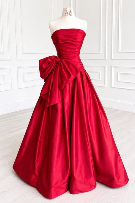 Red Satin A-Line Empire Pleated Strapless Maxi Party Prom Dress