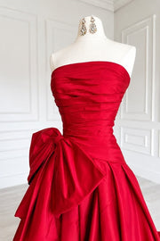 Red Satin A-Line Empire Pleated Strapless Maxi Party Prom Dress 