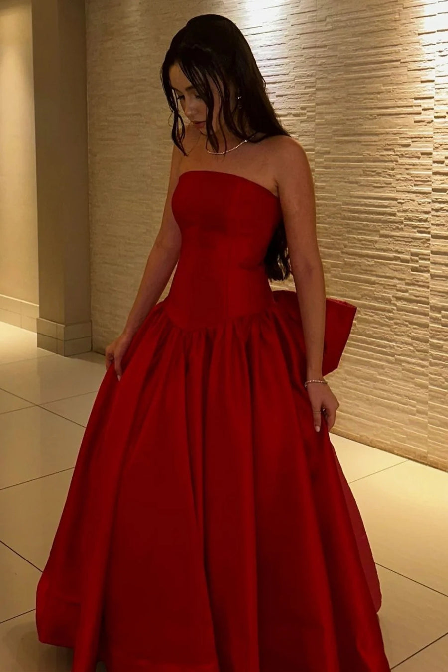 Red Satin A-Line Empire Prom Dress With Bow