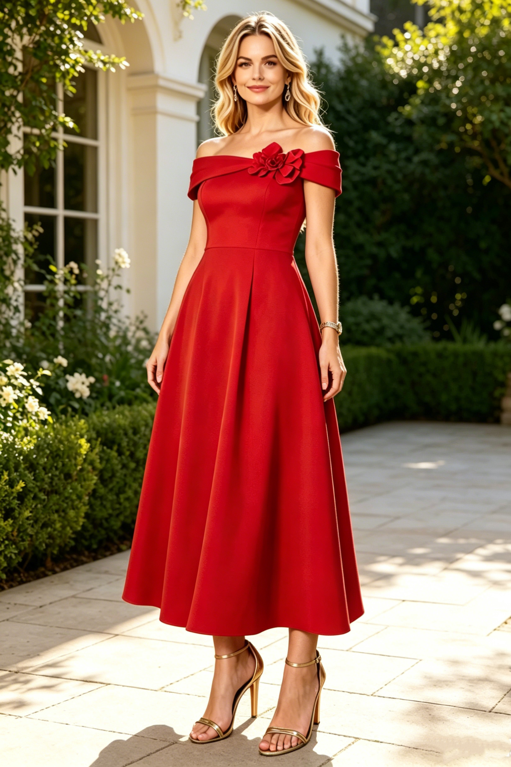 Red Satin A-Line Off-Shoulder Empire Mothe Of Bride Dress