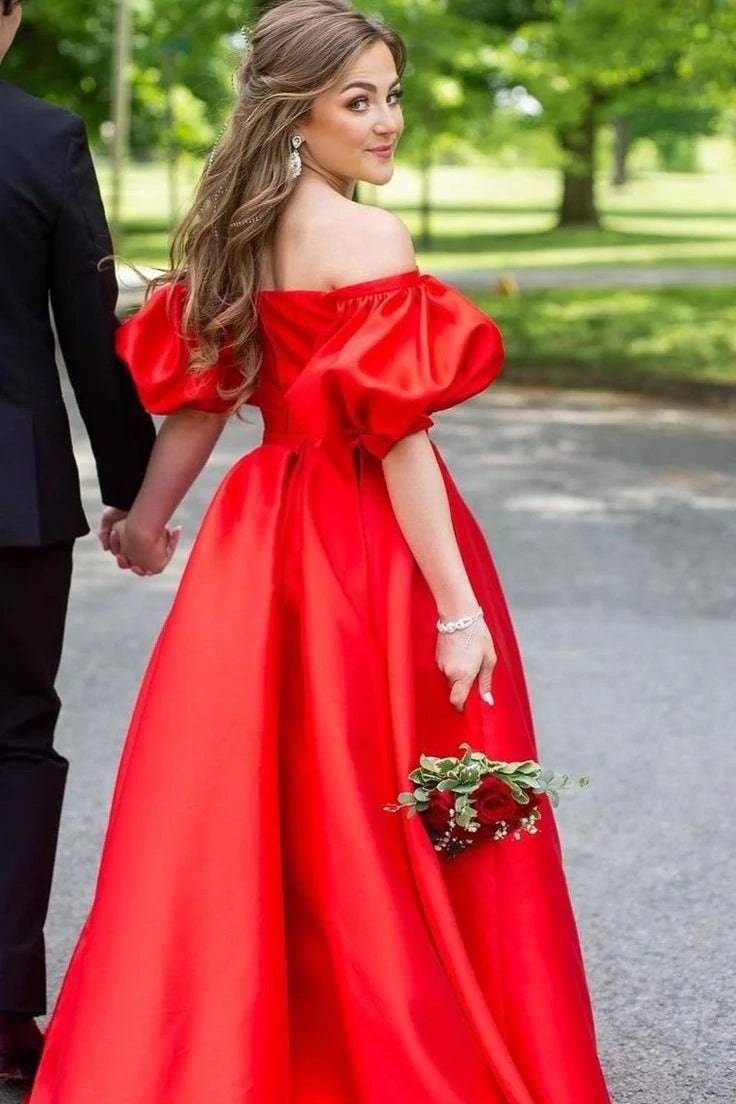 Red Satin A-Line Off-Shoulder Puff Sleeves Party Prom Dress