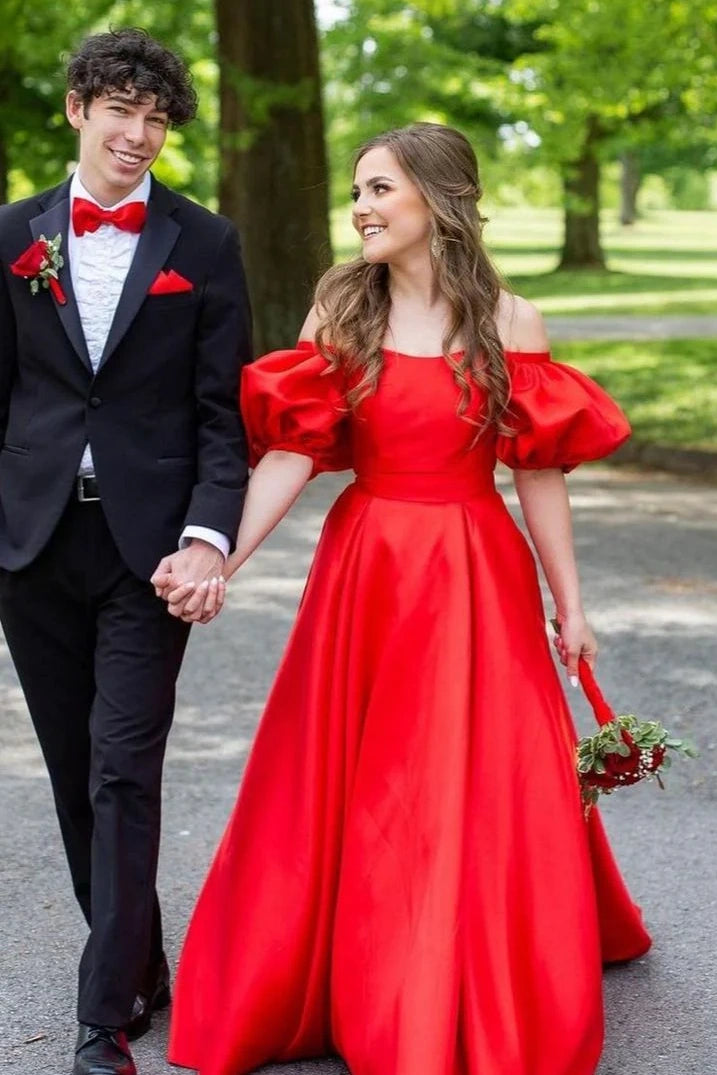 Red Satin A-Line Off-Shoulder Puff Sleeves Party Prom Dress