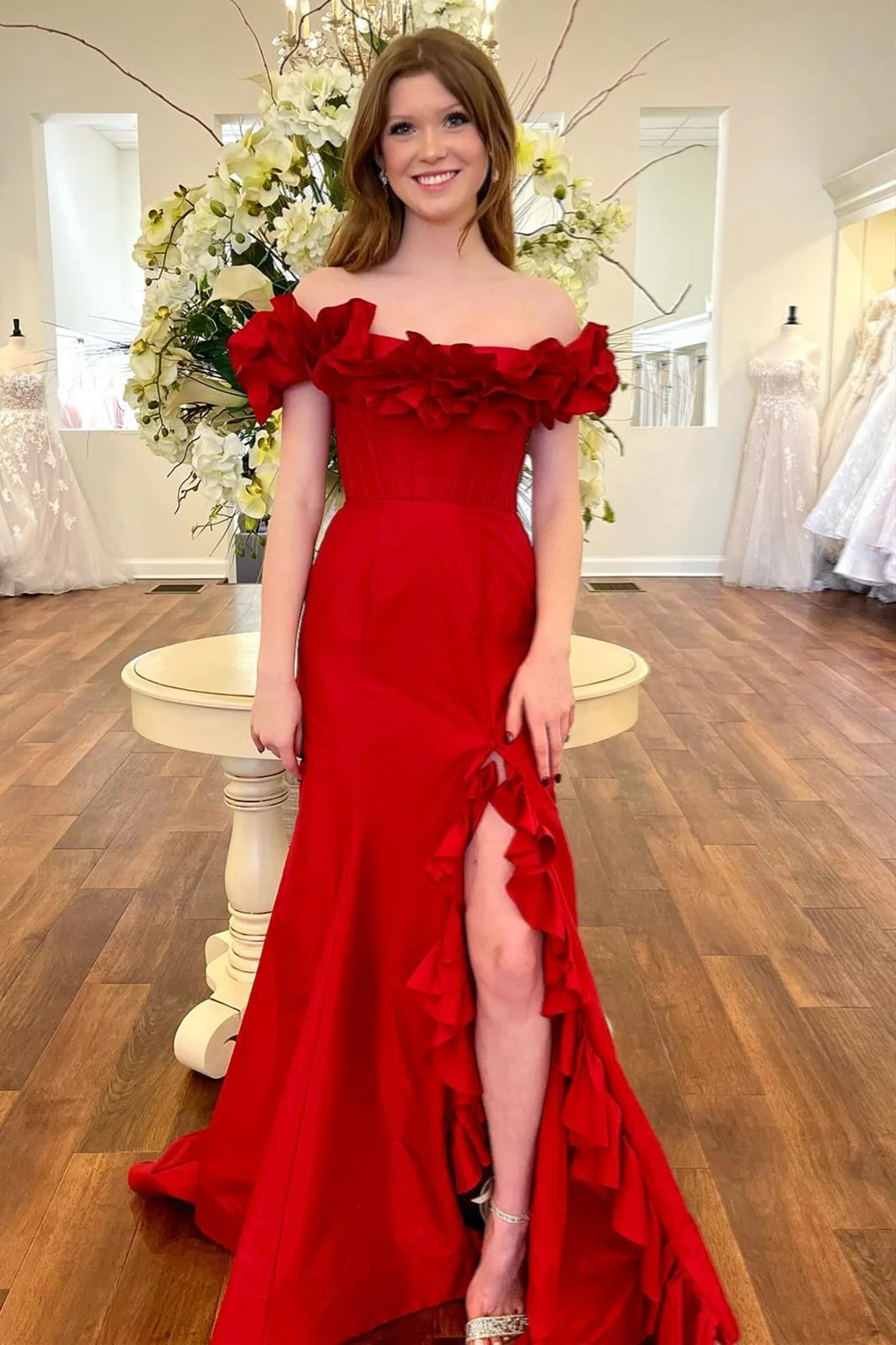 Red Satin A-Line Off-Shoulder Ruffled Party Prom Dress