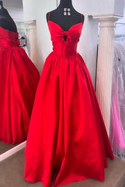 Red Satin A-Line Sleeveless Long Party Prom Dress