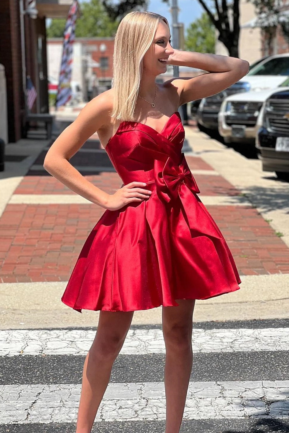 Red Satin A-Line Strapless Empire Homecoming Dress With Bow